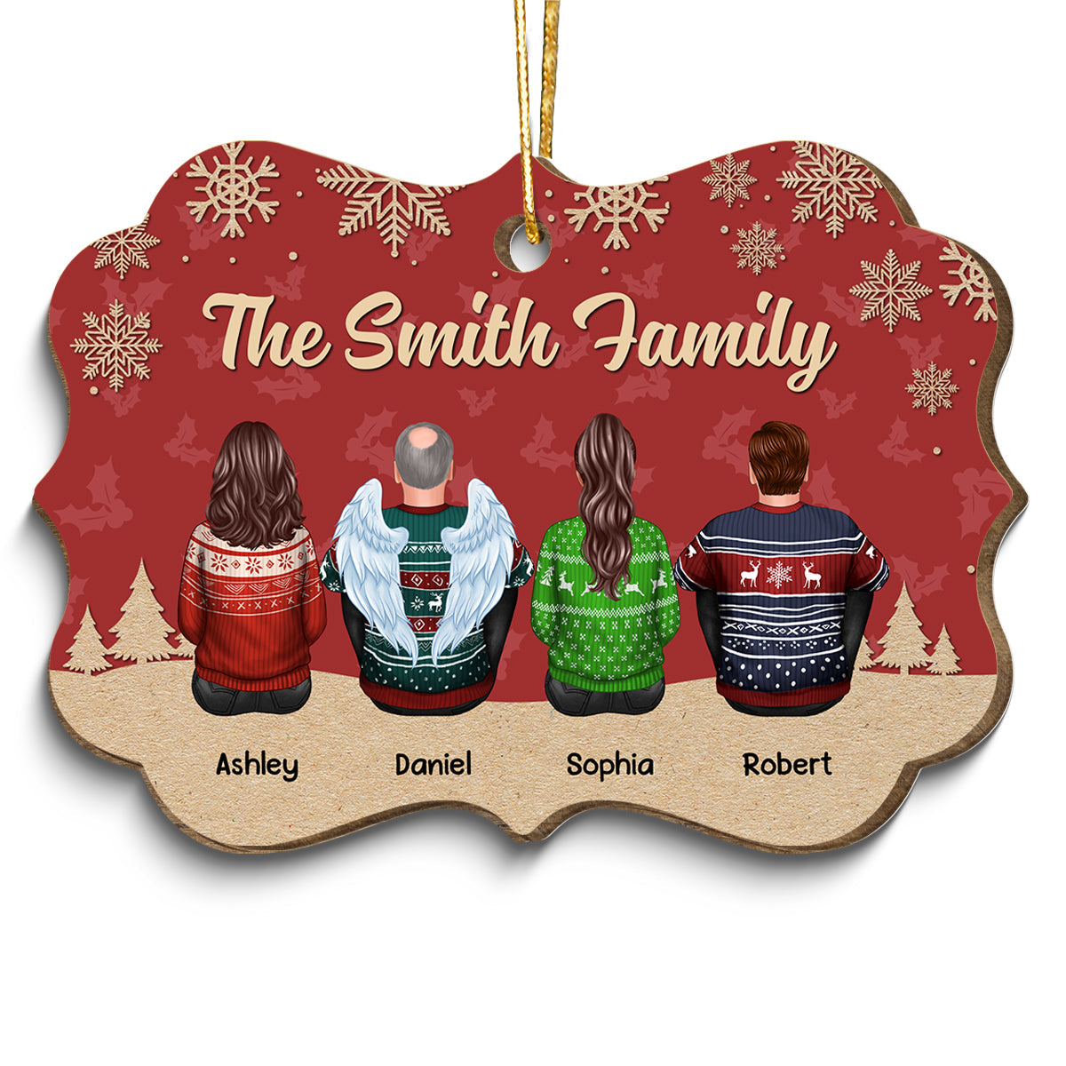 Christmas Red And Snow Family Members Grandma Grandpa Dad Mom Kids Dogs Cats Memorial Gift Personalized Wooden Ornament