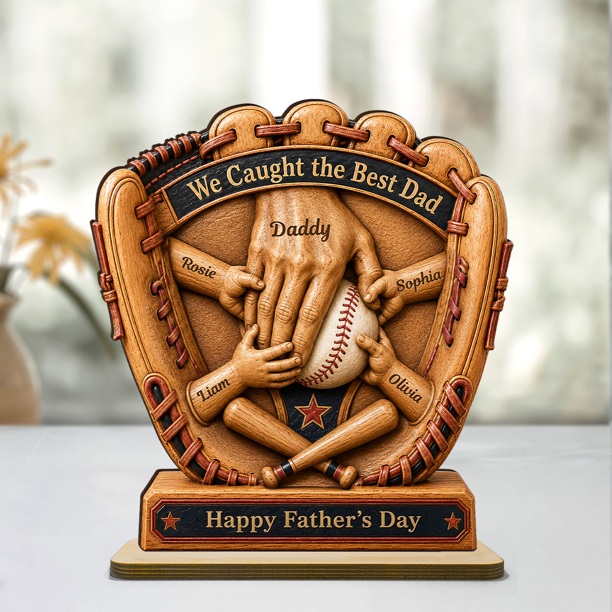 Baseball Glove Dad & Kids' Hands - Personalized 2-Layered Wooden Plaque - Gift For Dad, Husband