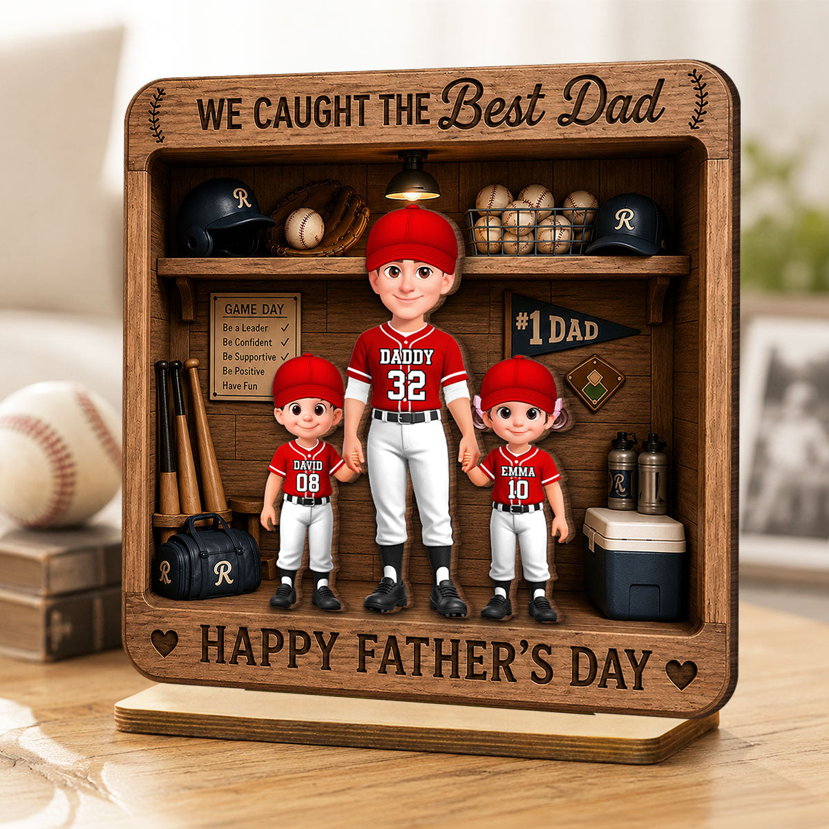 Baseball Dad & Kids Locker Room - Personalized 2-Layered Wooden Plaque - Gift For Dad, Husband