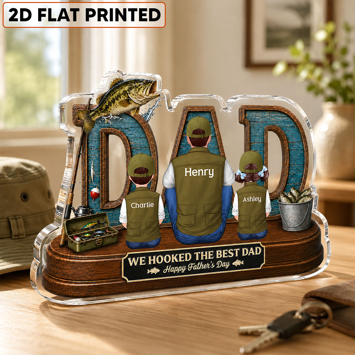 Fishing Dad And Kids We Hooked The Best Dad - Personalized Acrylic Block Plaque - Gift For Dad, Husband