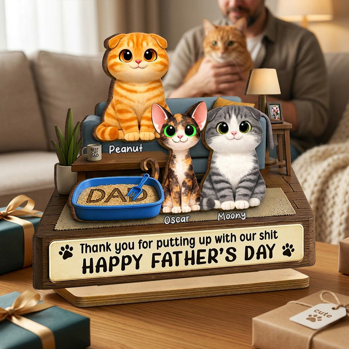 Thank You for Putting up with My Sh*t - Personalized 2-Layered Wooden Plaque - Funny Gift for Cat Dad