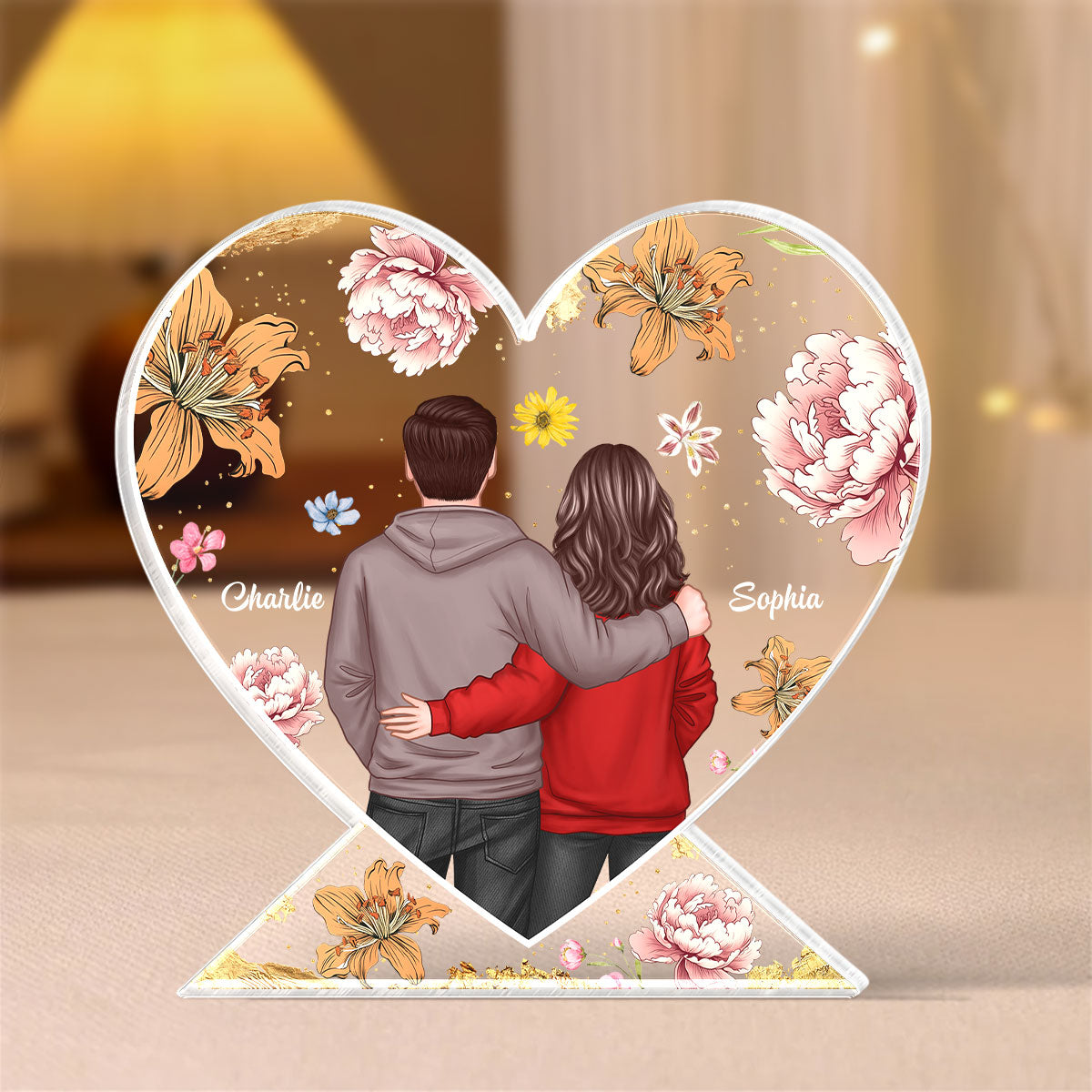 Couple Hugging Back View Birth Month Flower Personalized Acrylic Heart Block Plaque, Heartfelt 2025 Gift, Anniversary Gift For Girlfriend, For Wife