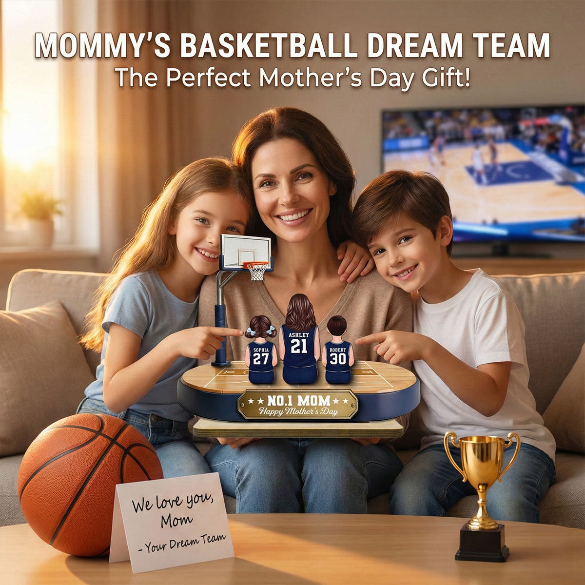 Mommy's Basketball Dream Team - Personalized 2-Layered Wooden Plaque - Gift For Basketball Mom