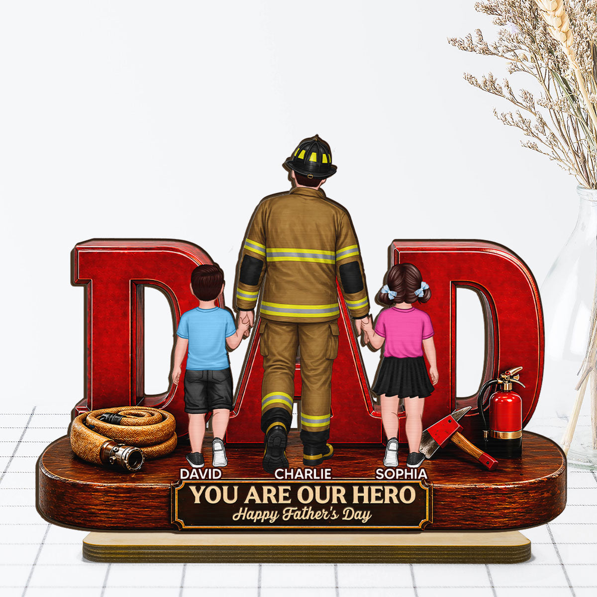 Proud Firefighter Dad You Are Our Hero - Personalized 2-Layered Wooden Plaque - Unique Trending Gift For Dad, Husband