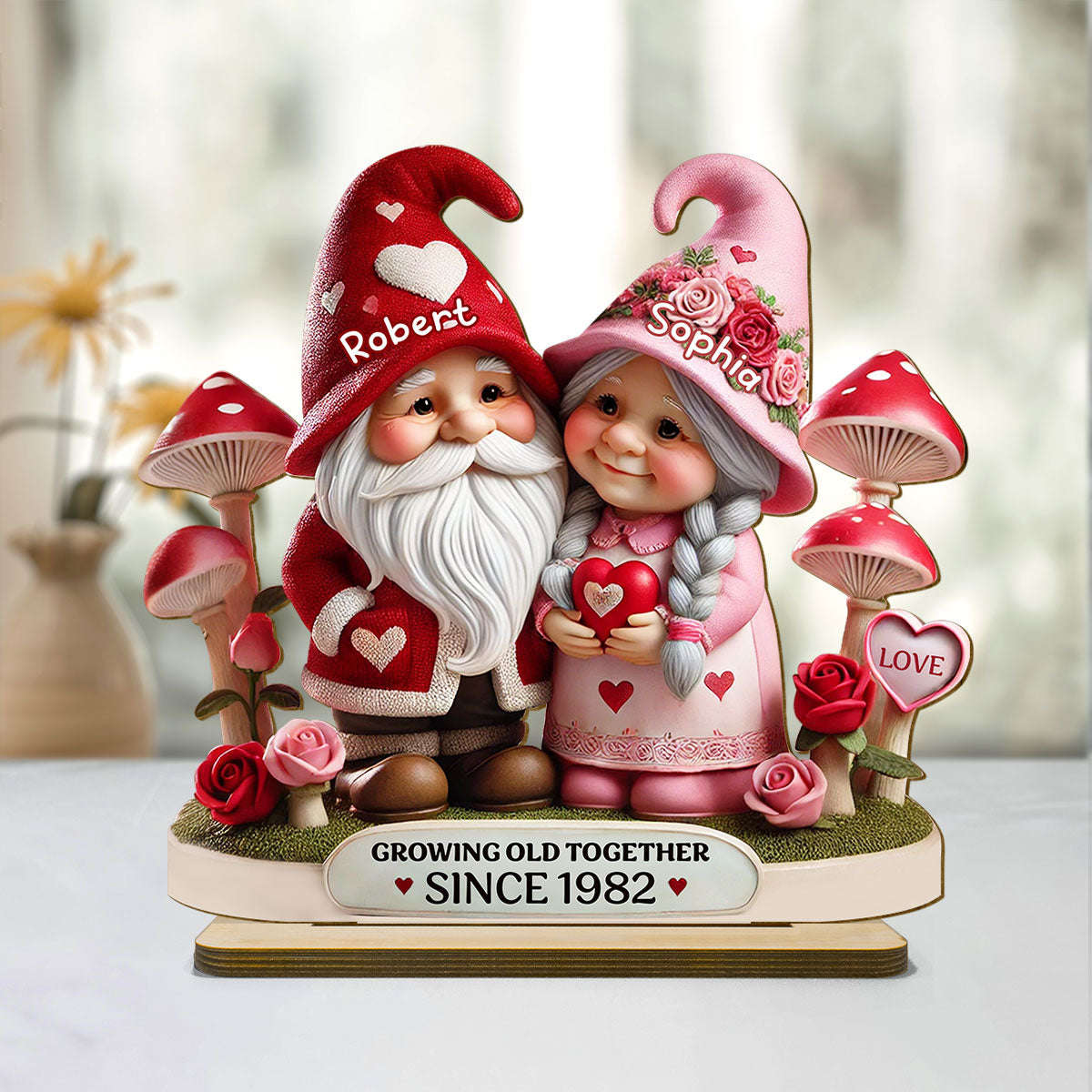 3D Effect Gnome Mushroom Old Couple Personalized Wooden Standing, Heartfelt Anniversary Gift, Gift For Couple, For Him, For Her, Husband, Wife