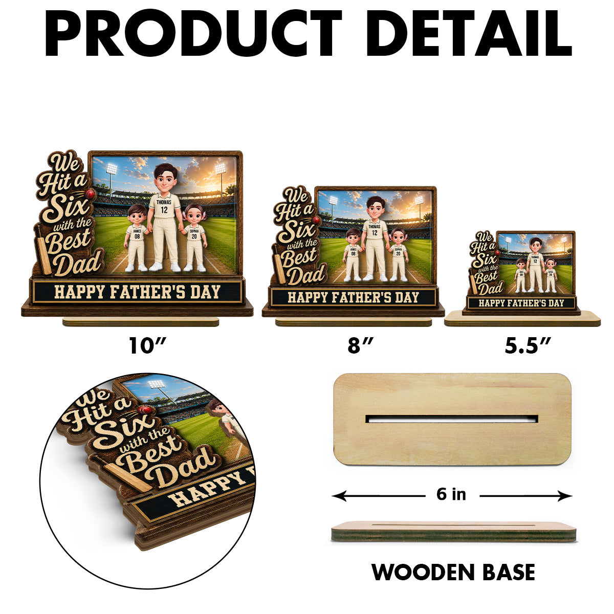 Hit A Six With The Best Dad Cricket Dad & Kids On Field 2D Flat - Personalised 2-Layered Wooden Plaque - Gift For Husband, Dad