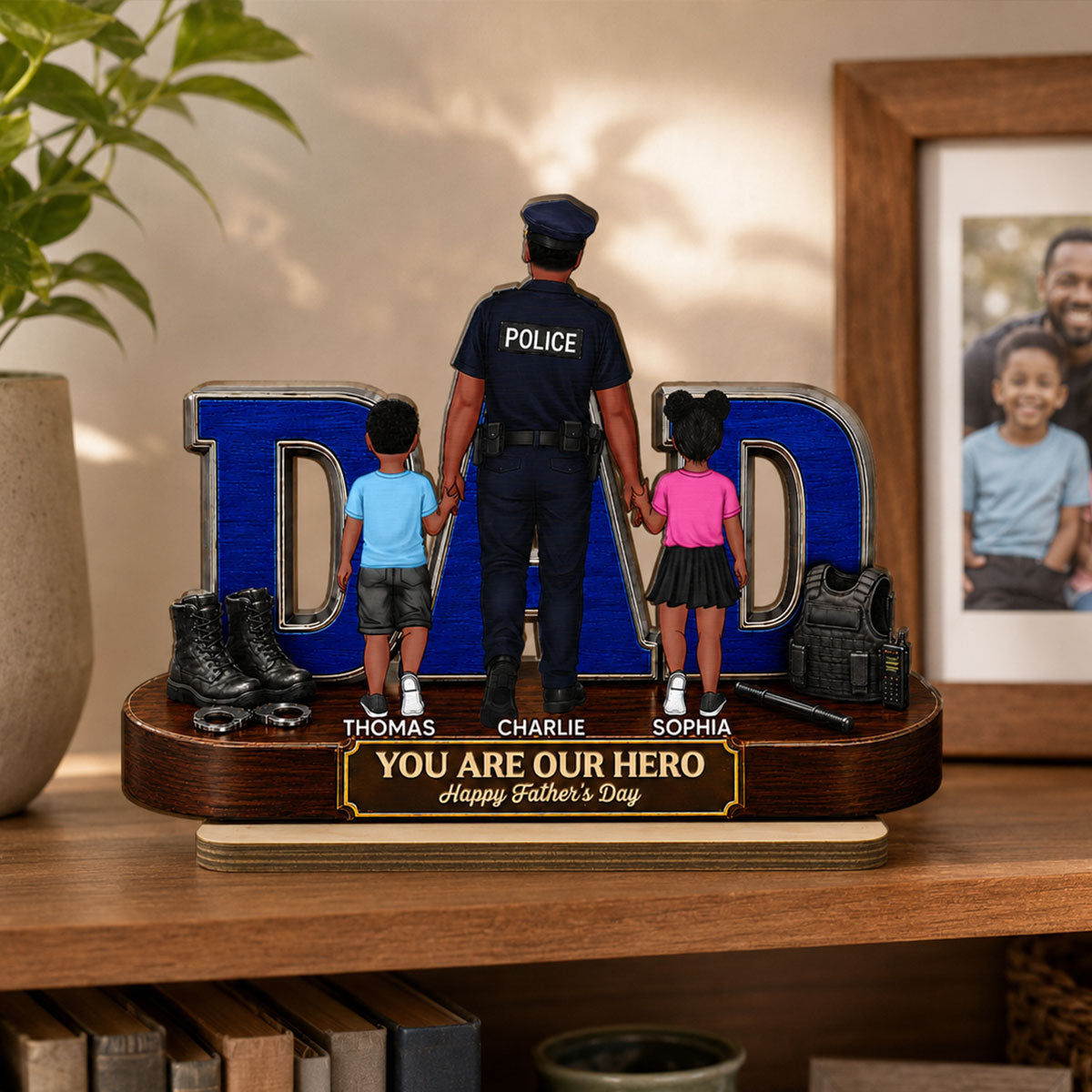 Proud American Police Dad You Are Our Hero - Personalized 2-Layered Wooden Plaque - Gift For Dad