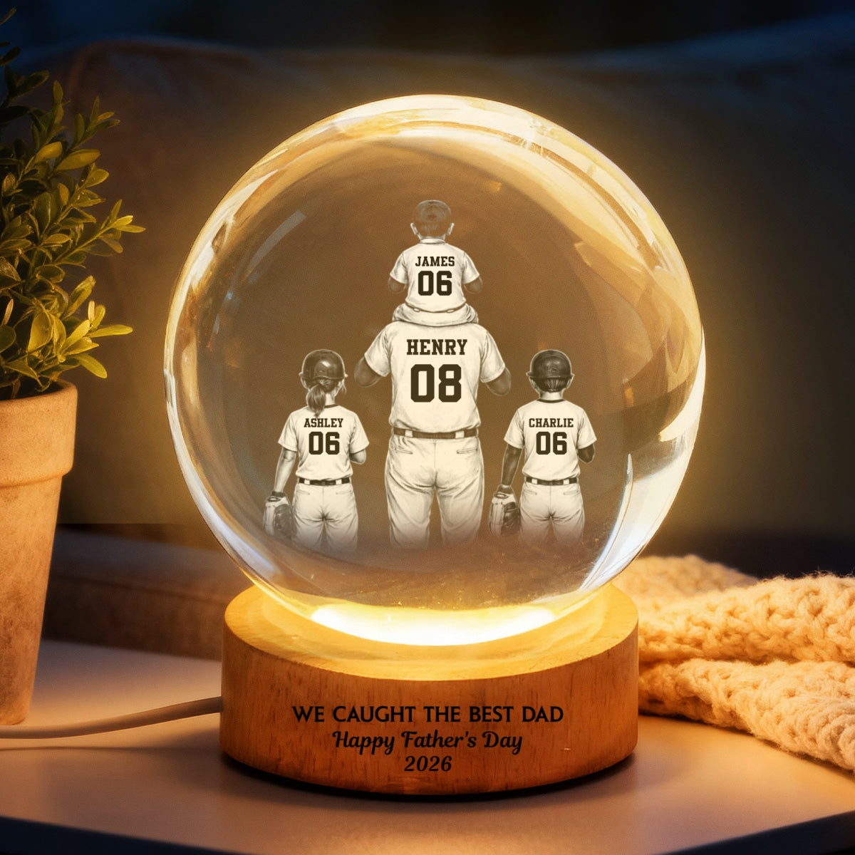 We Caught the Best Dad - Personalized Crystal Ball LED Night Light - Gift for Dad, Husband