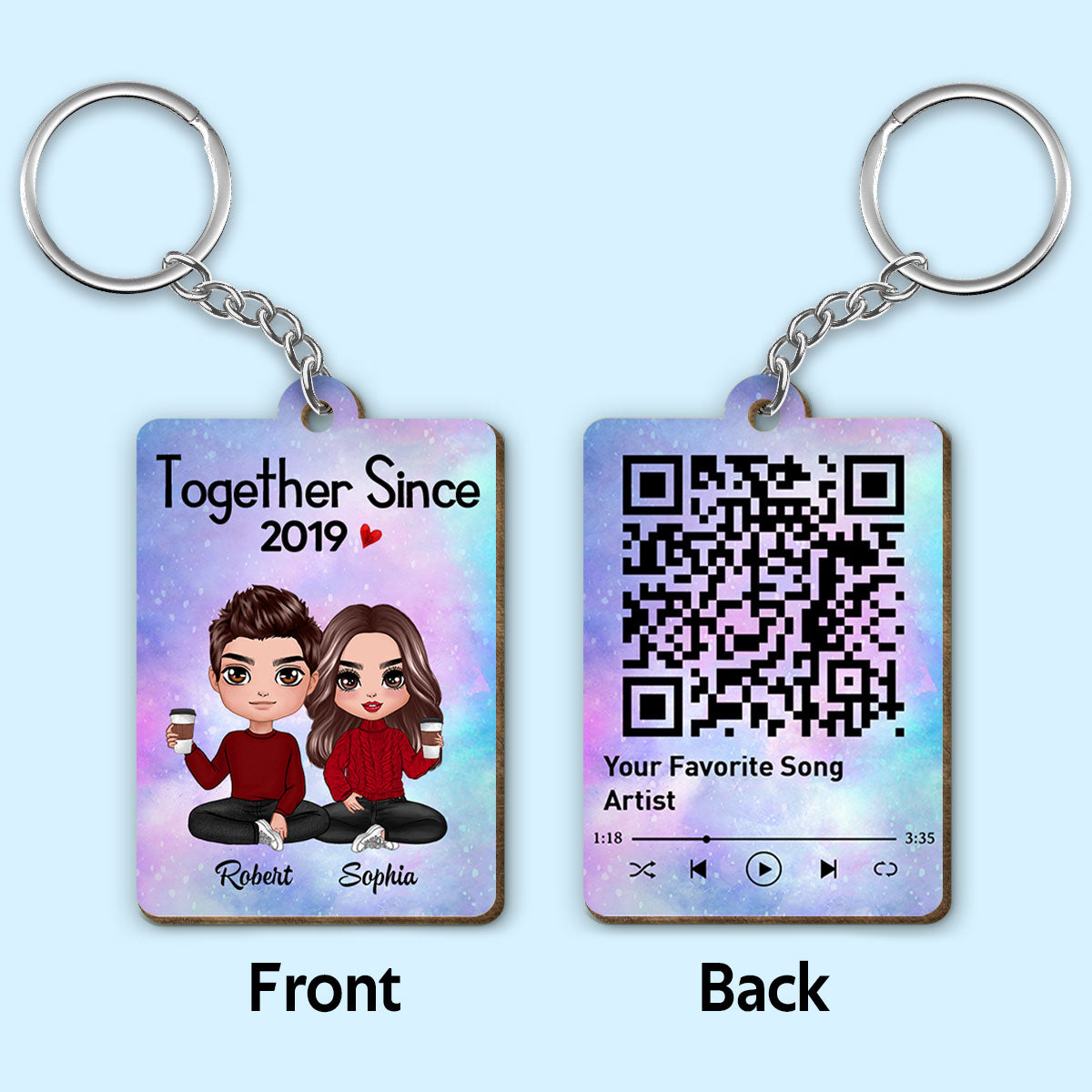 Doll Couple Sitting Together Since Favorite Song Scannable QR Code Personalized Wooden Keychain