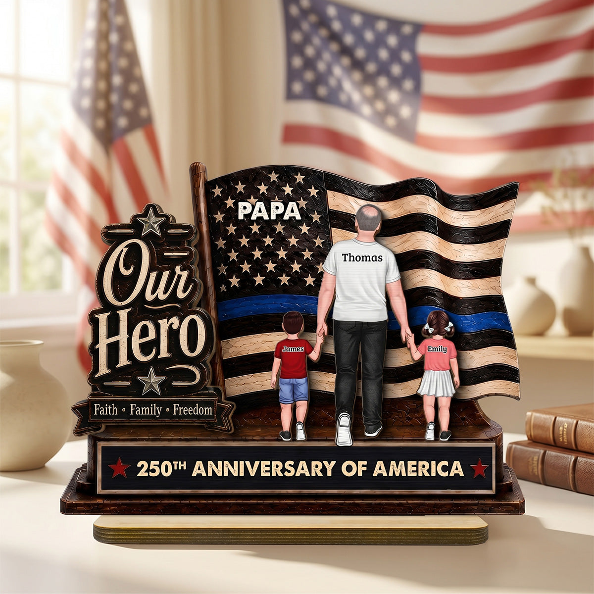 Dad Grandpa Our Hero American Flag 2D Flat - Personalized 2-Layered Wooden Plaque - Gift For Patriotic Dad, Grandpa, Husband