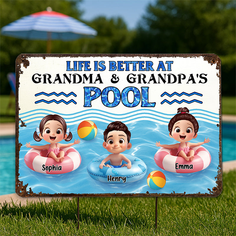 Life is Better at Grandma & Grandpa Pool Personalized Metal Sign, Grandchildren Welcome Sign