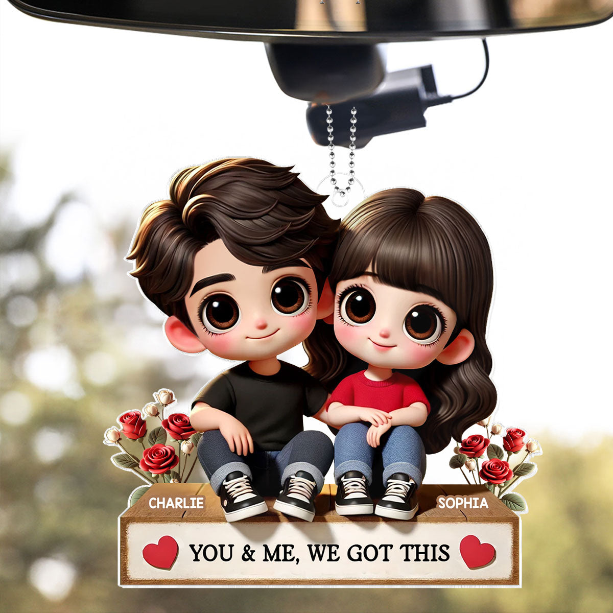 3D Effect Cartoon Couple Sitting Next To Each Other Personalized Acrylic Car Hanger, Anniversary Gift for him, Gift for her