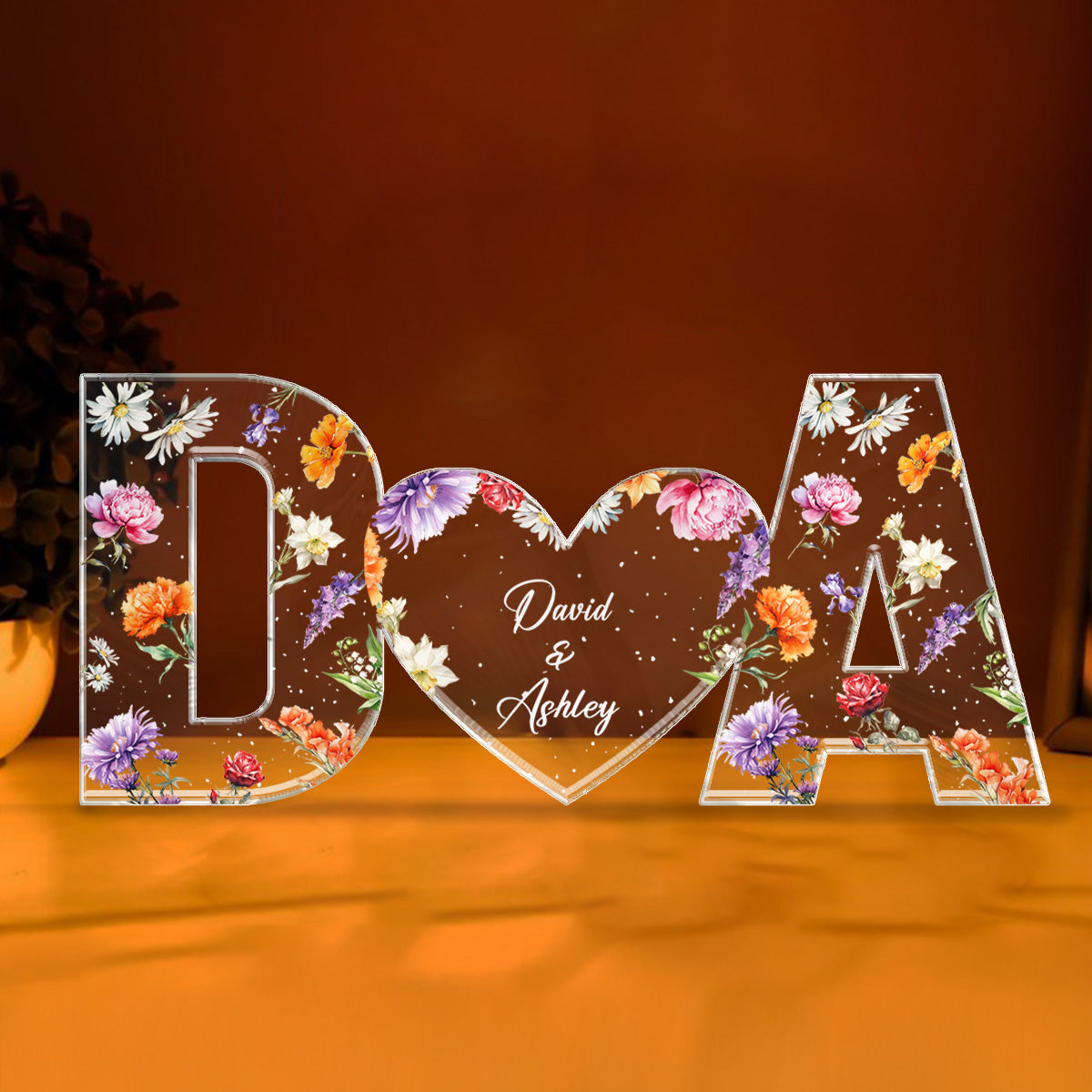 Couple Initials Floral Theme Gift Anniversary Gift Personalized Acrylic Block Plaque