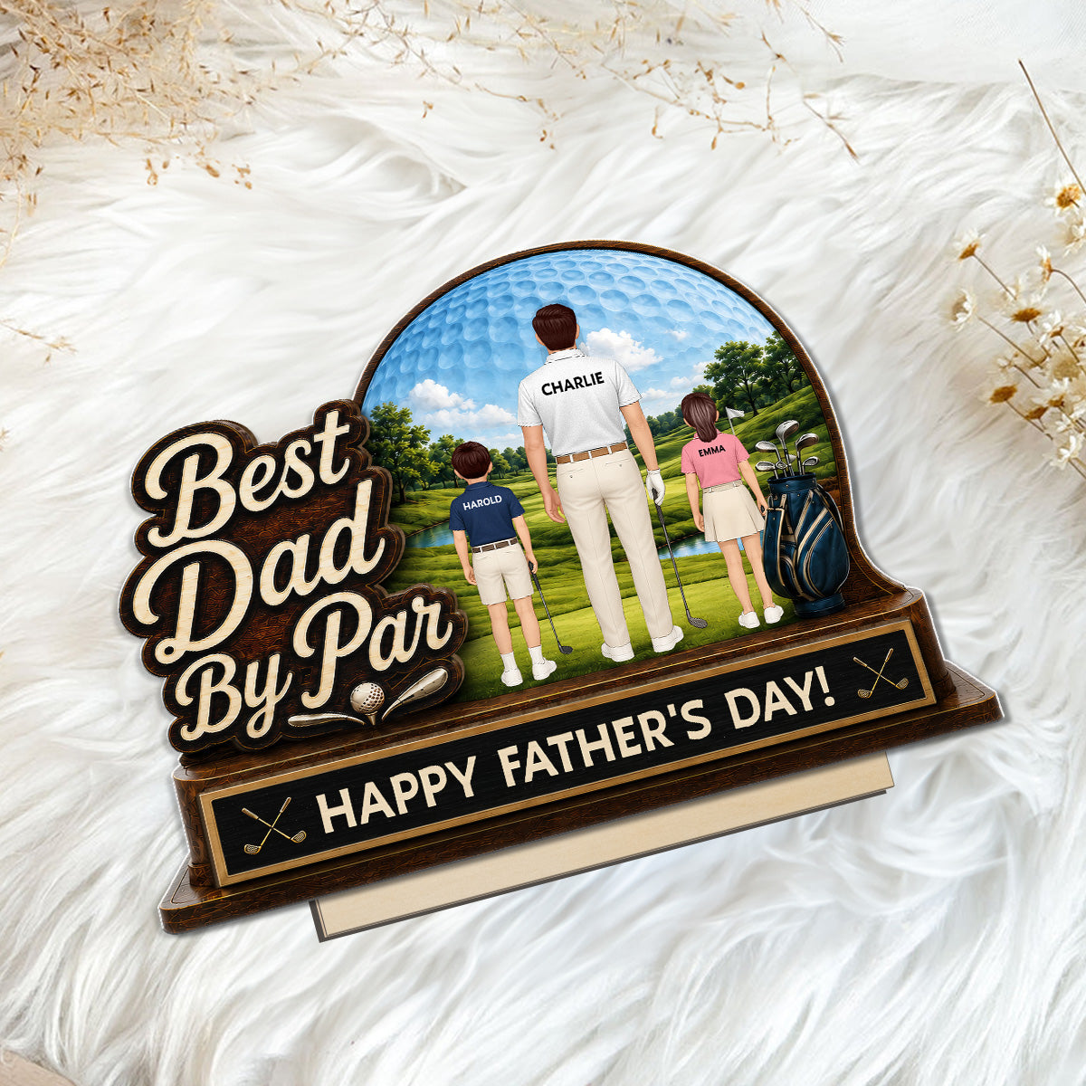 Best Dad By Par Custom Man & Kids Back View - Personalized 2-Layered Wooden Plaque - Gift For Golf Dad