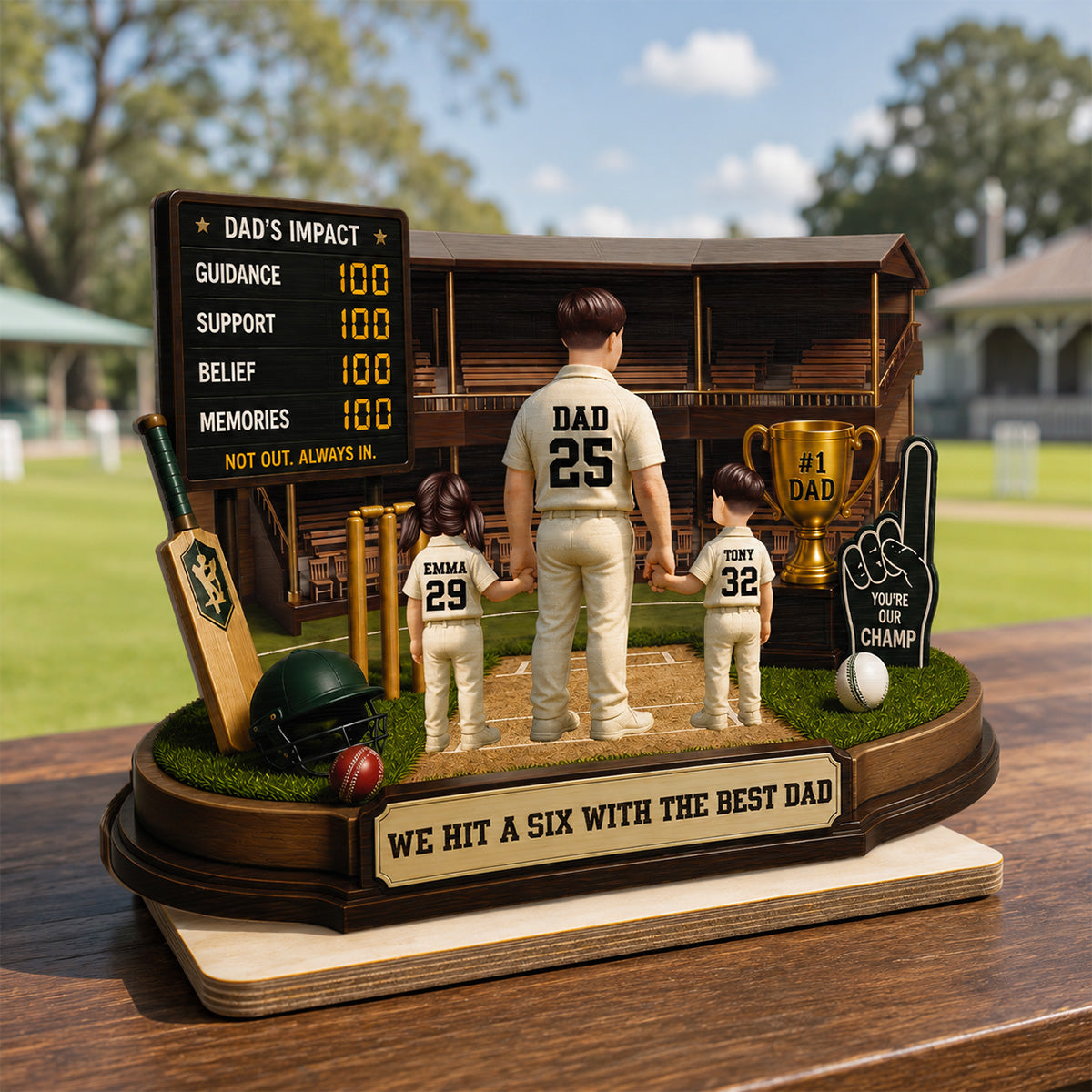 Hit A Six With The Best Dad Cricket Dad - Personalised 2-Layered Wooden Plaque - Gift For Husband, Dad