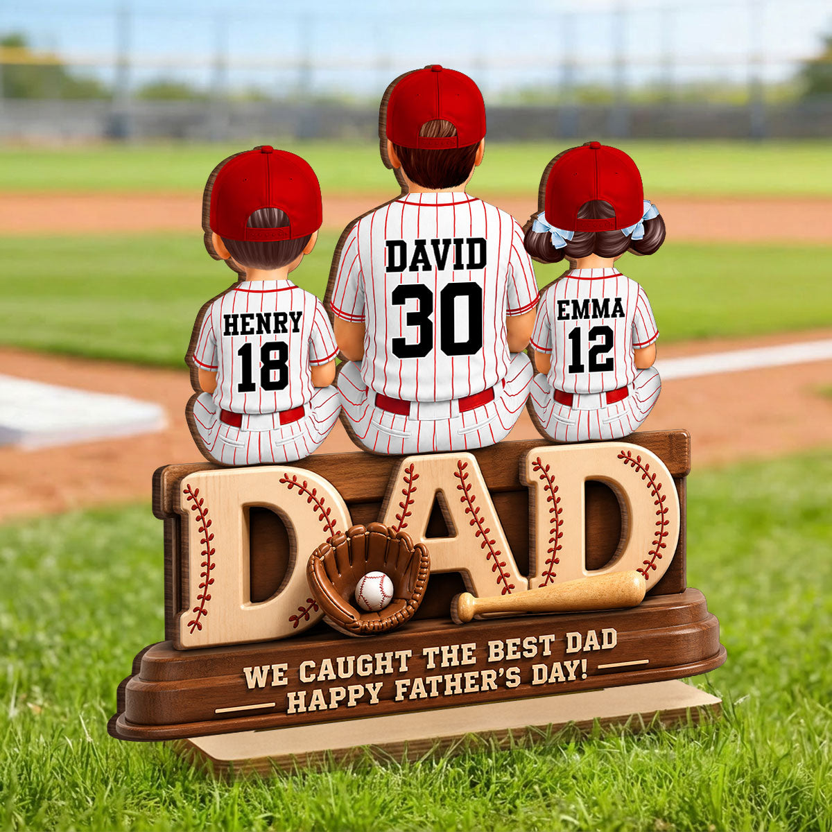 We Caught the Best Baseball Dad, Dad & Kids Back View - Personalized 2-Layered Wooden Plaque - Gift for Dad, Husband