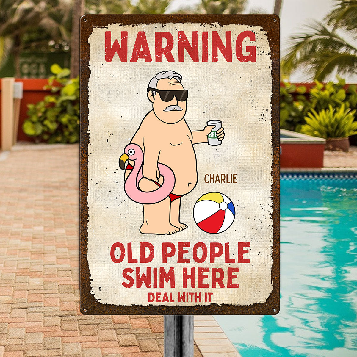 Warning Old People Swim Here Personalized Pool Metal Sign