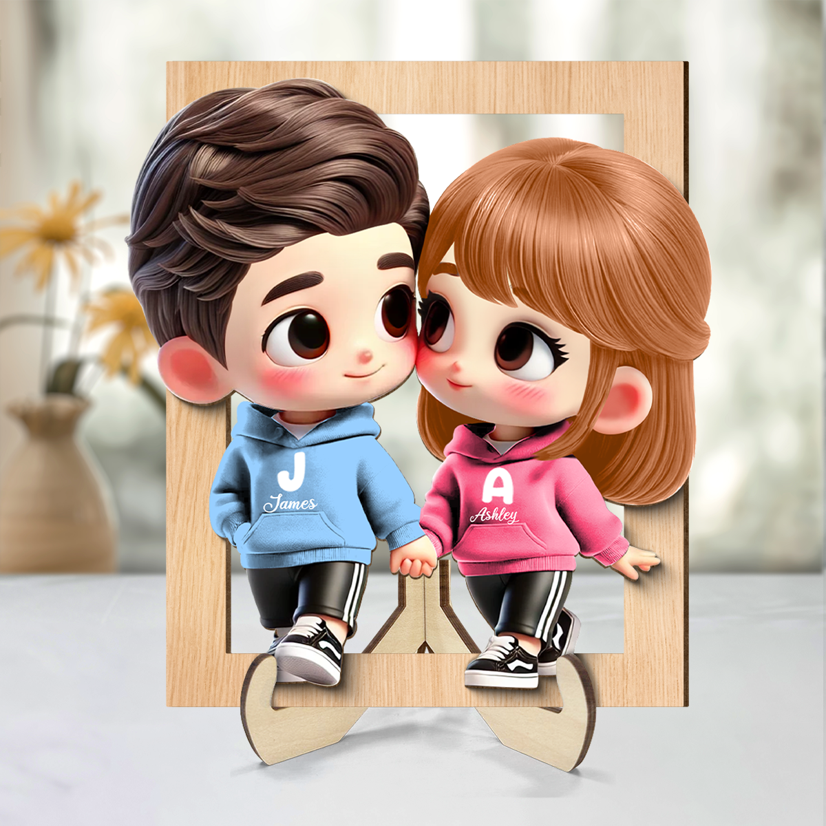 3D Effect Cute Cartoon Couple Holding Hands Personalized 2-Layered Wooden Plaque, Anniversary & Gift for him, Gift for her