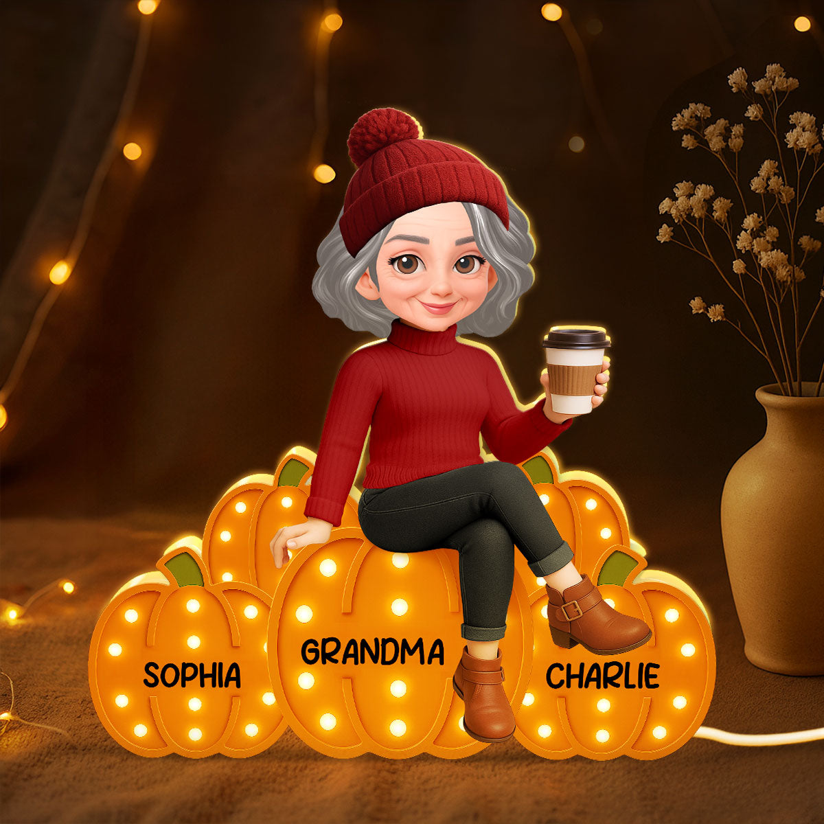 Grandma Mom Sitting On Pumpkins Marquee Pattern Effect Personalized LED Light Box, Cozy Fall Vibe Home Decoration
