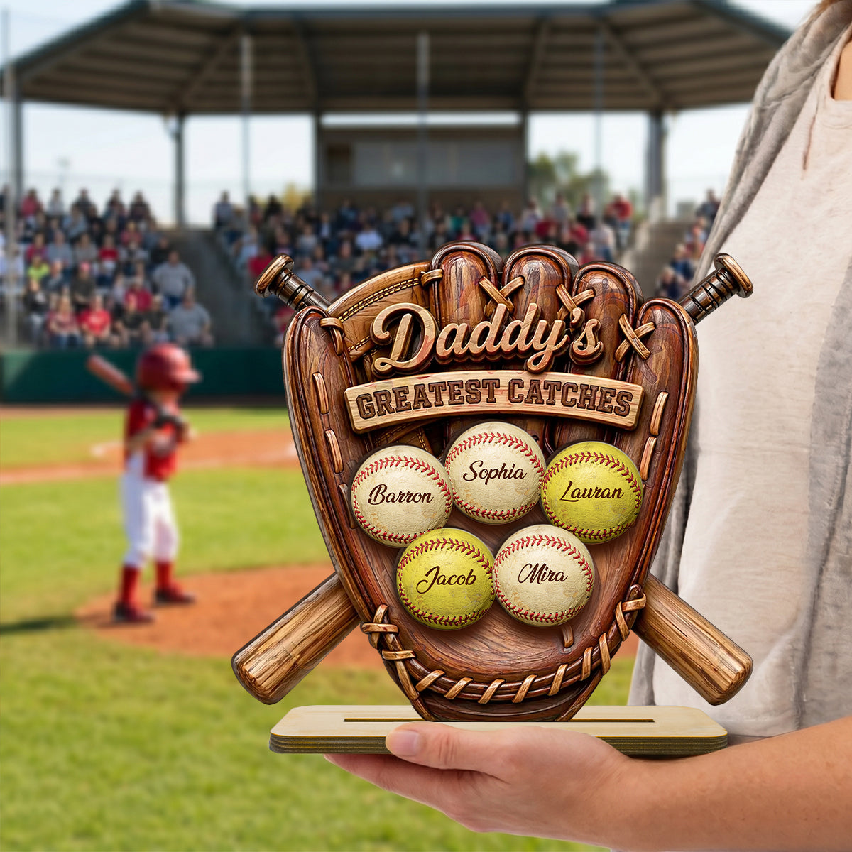 Daddy's Greatest Catches Baseball Softball - Personalized 2-Layered Wooden Plaque - Gift for Husband, Dad