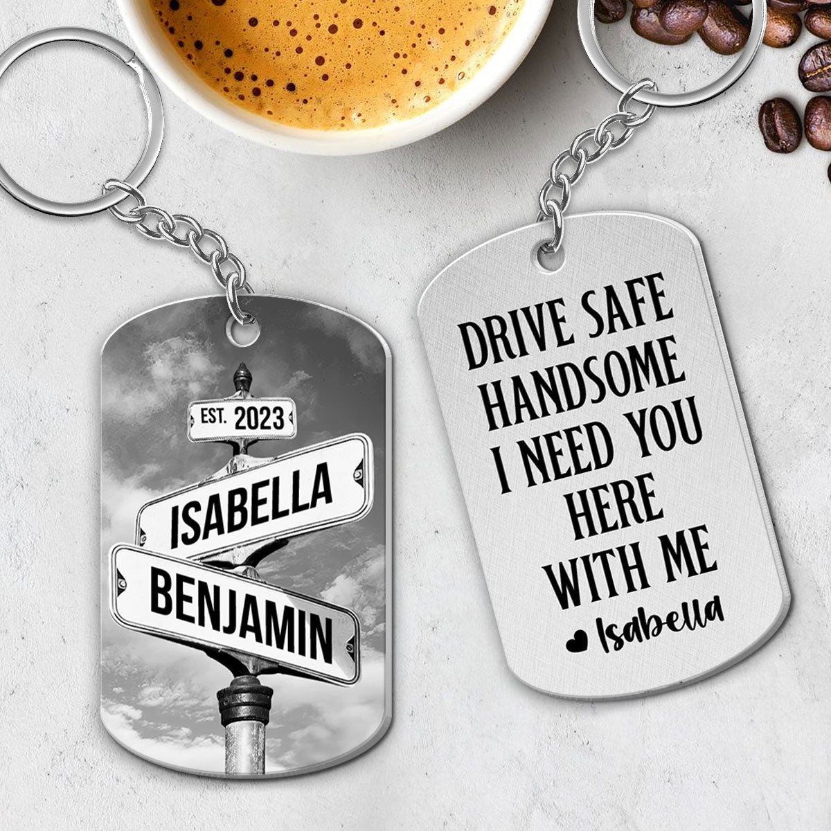 Drive Safe I Need You Vintage Crossroads Street Sign Personalized Metal Keychain, Anniversary Gift For Him, Boyfriend, Husband