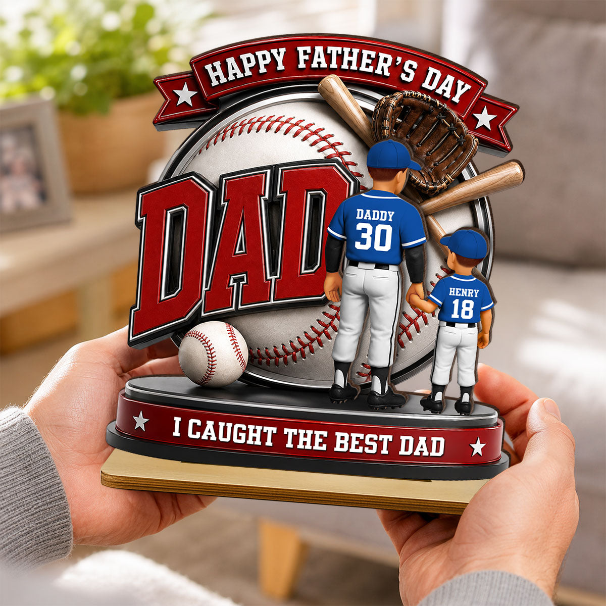 Baseball Dad Home Run Hero - Personalized 2-Layered Wooden Plaque - Gift For Dad, Husband