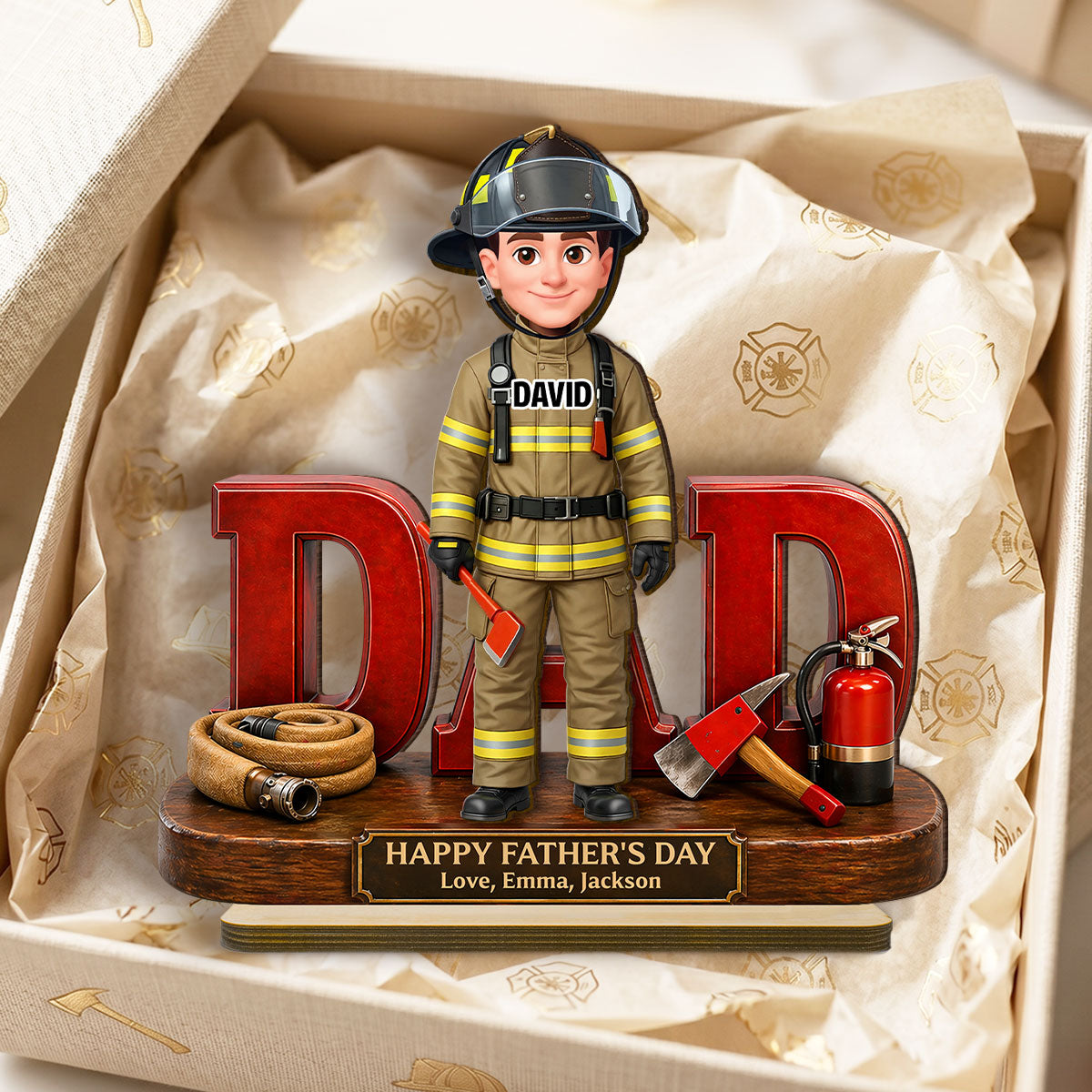 Proud American Firefighter Dad - Personalized 2-Layered Wooden Plaque - Gift For Dad
