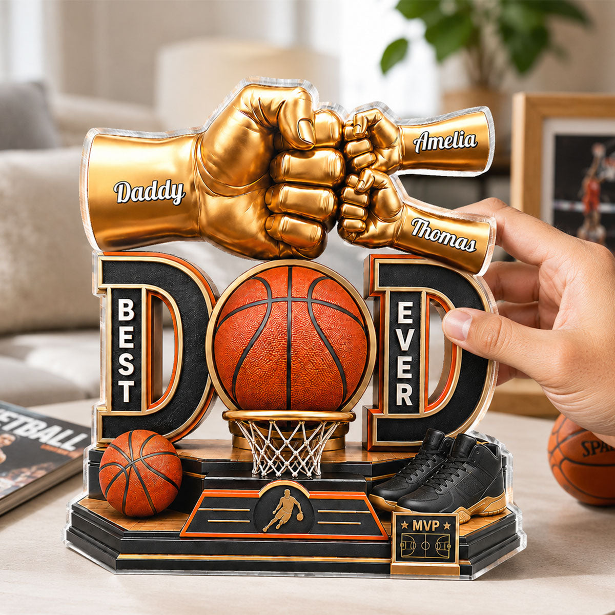 Basketball Dad & Kids Fist Bump - Personalized Acrylic Block Plaque - Gift For Dad, Husband