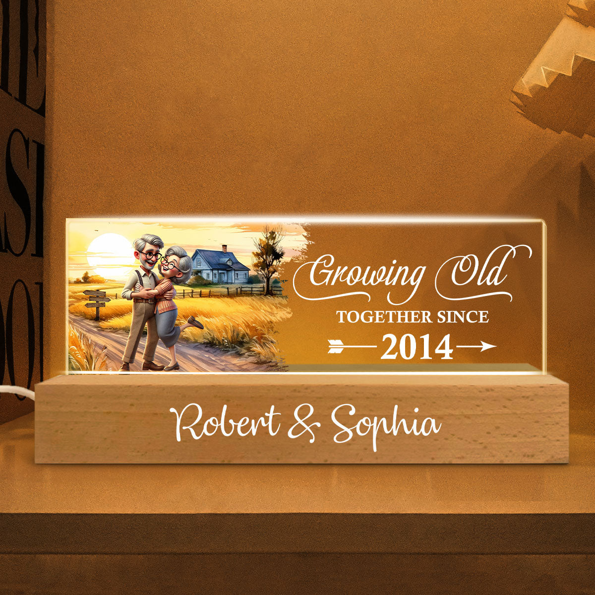 Happy Old Couple Vintage Farmhouse Personalized Acrylic Block LED Night Light, Anniversary For Him, For Her, Husband, Wife