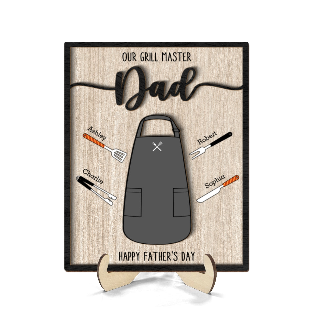 Our Grill Master Apron And Tools With Kids' Names Personalized 2-Layer Wooden Plaque, Gift For Husband, For Dad, For Grandpa
