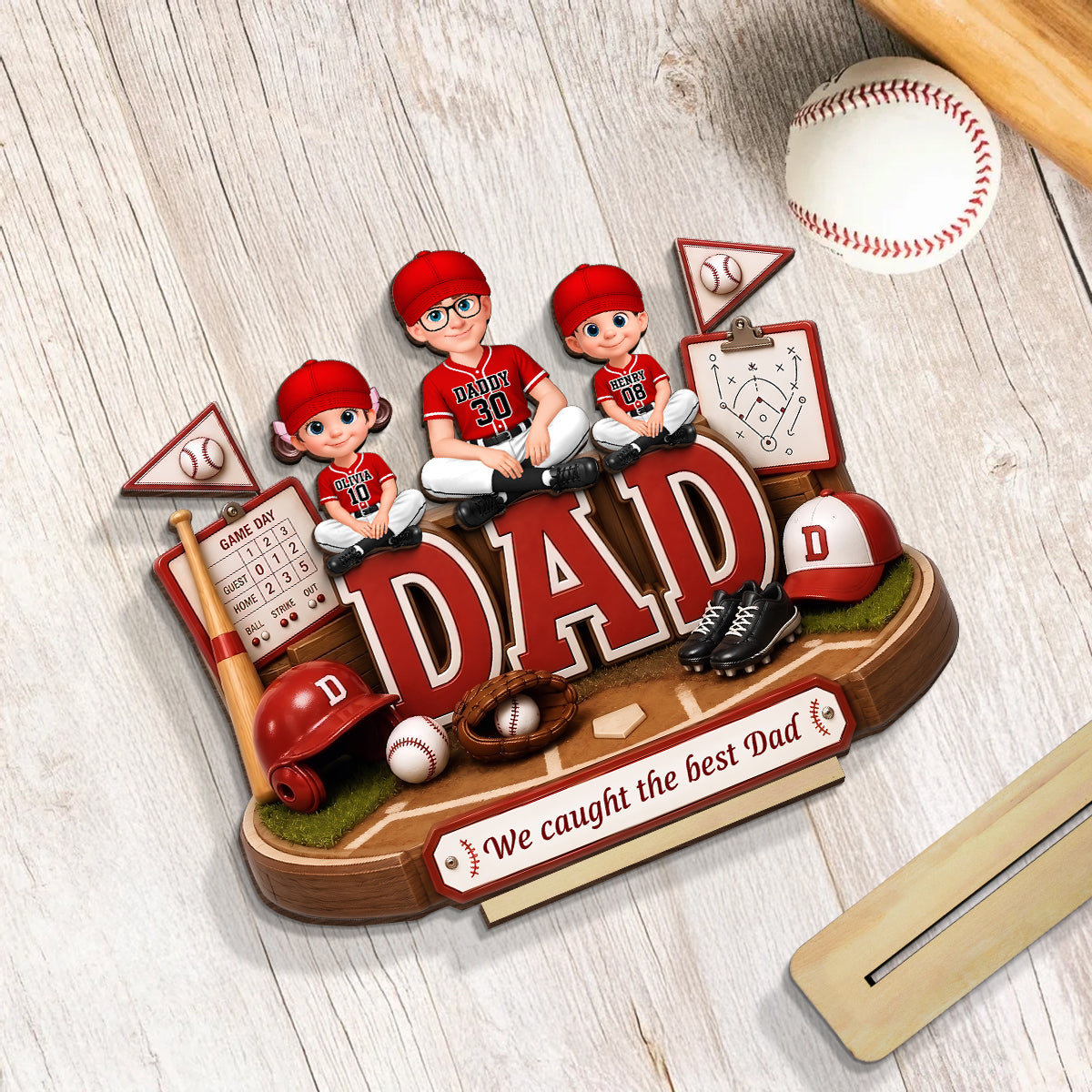 Baseball Dad Kids We Caught The Best Dad - Personalized 2-Layered Wooden Plaque - Gift For Dad, Husband