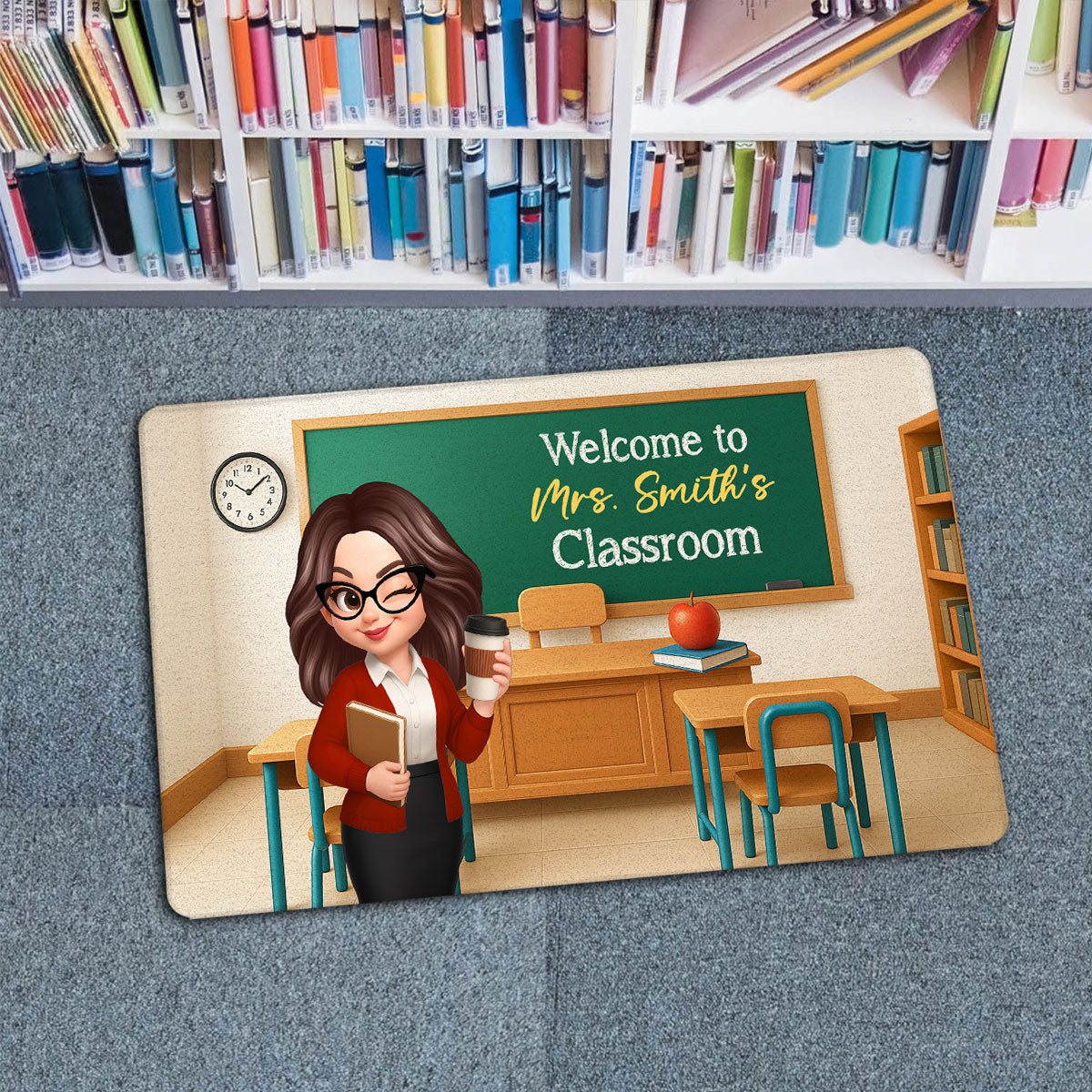 Pretty Teacher In Classroom 3D Effect Background Personalized Doormat, Back To School Decoration