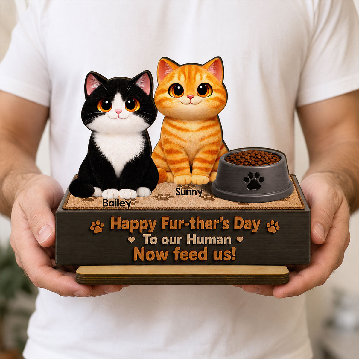 Cute Fluffy Cats Happy Fur-ther's Day Human - Personalized 2-Layered Wooden Plaque - Funny Gift For Cat Dad, Cat Lovers