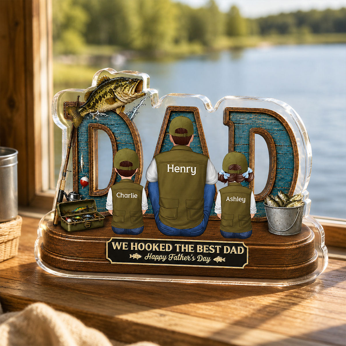 Fishing Dad And Kids We Hooked The Best Dad - Personalized Acrylic Block Plaque - Gift For Dad, Husband