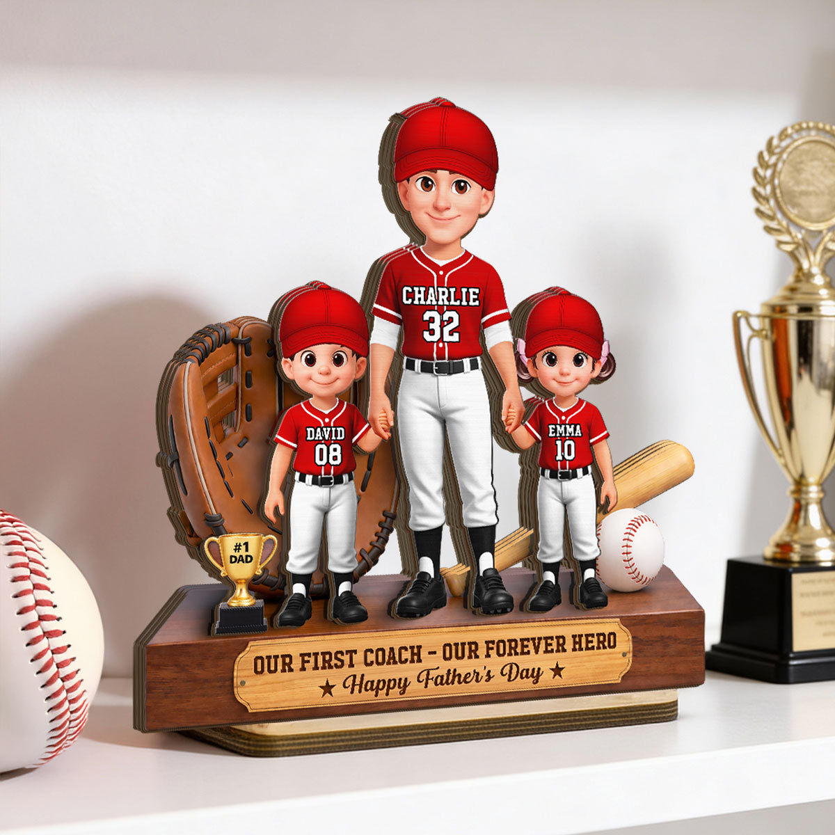 Baseball No.1 Dad We Caught The Best Dad - Personalized 2-Layered Wooden Plaque - Gift For Dad