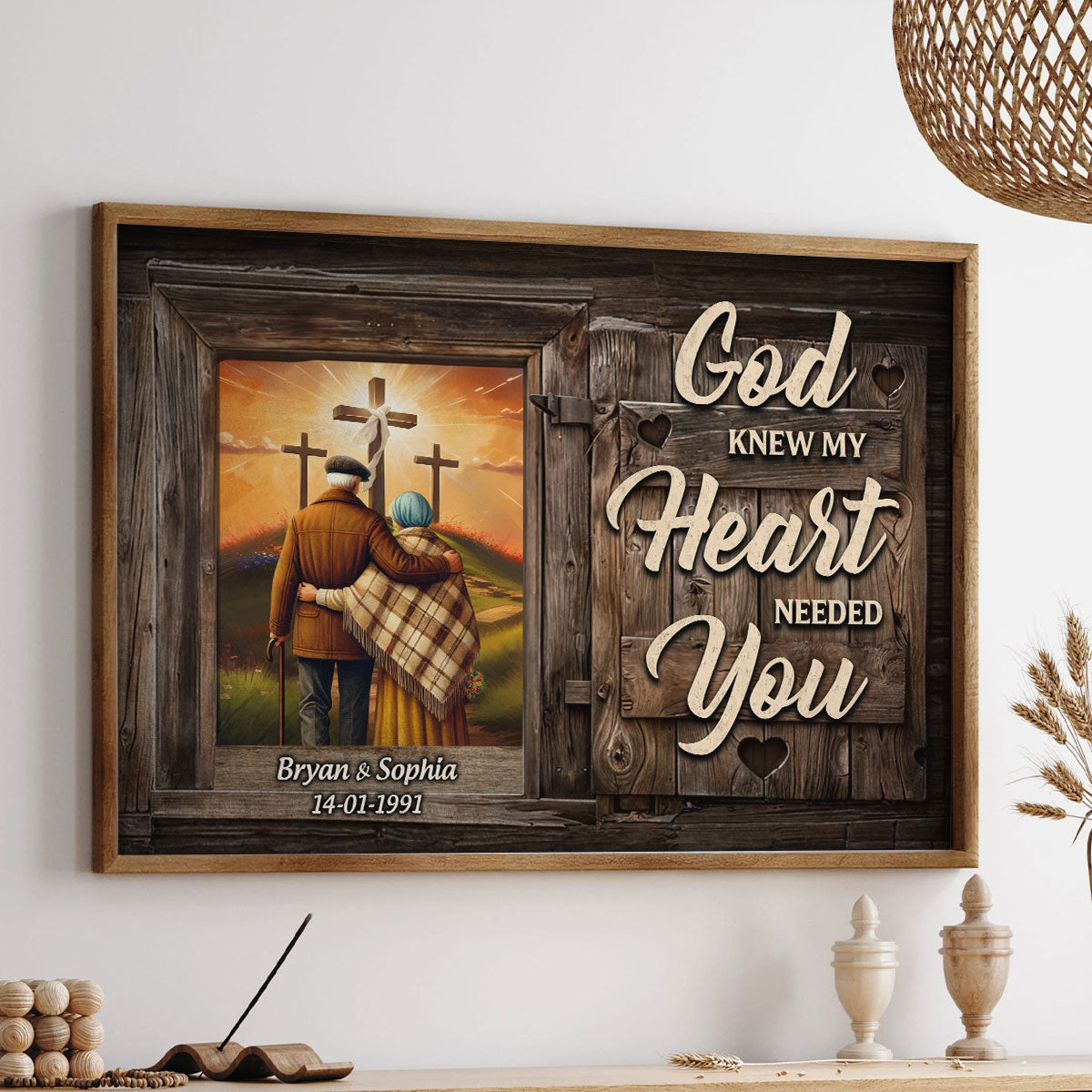 Cross God Knew My Heart Needed You Old Couple Walking Hugging Personalized Poster, Anniversary Gift For Him, Her, Husband, Wife