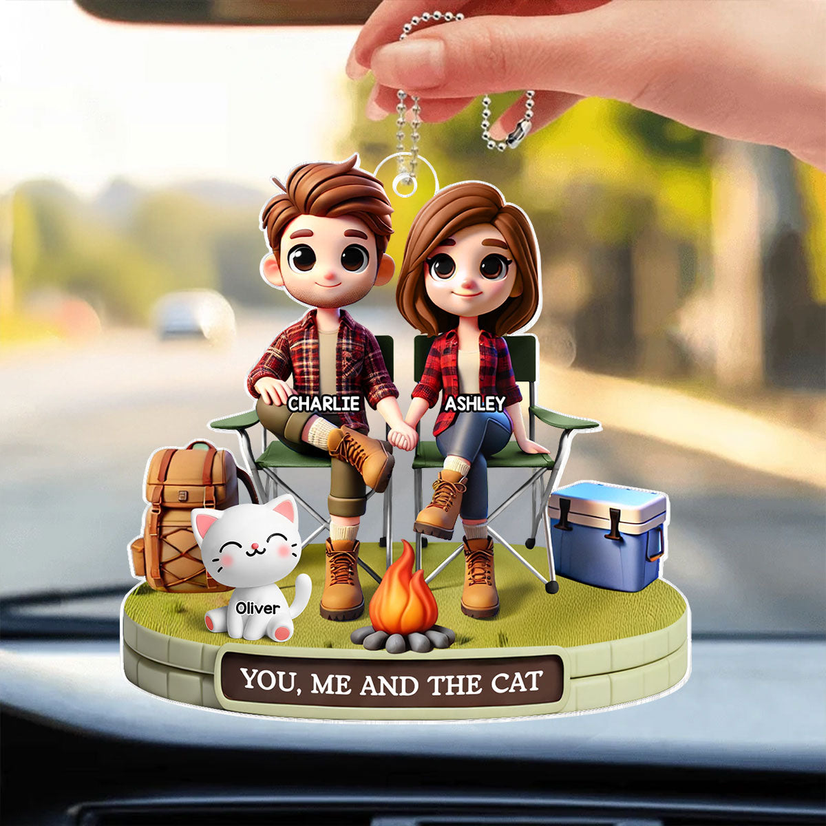 3D Effect Camping Couple And Dogs Cats Personalized Acrylic Car Hanger, Gift, Anniversary Gift, Couple Keepsake