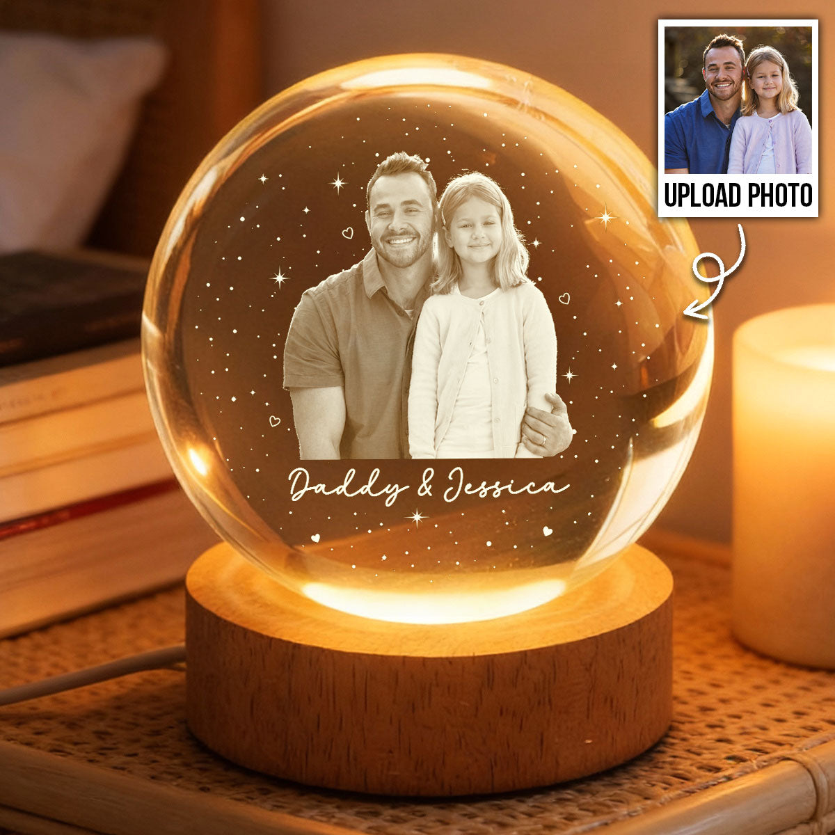 Dad And Kid Custom Upload Photo - Personalized Crystal Ball LED Night Light - Gift For Dad