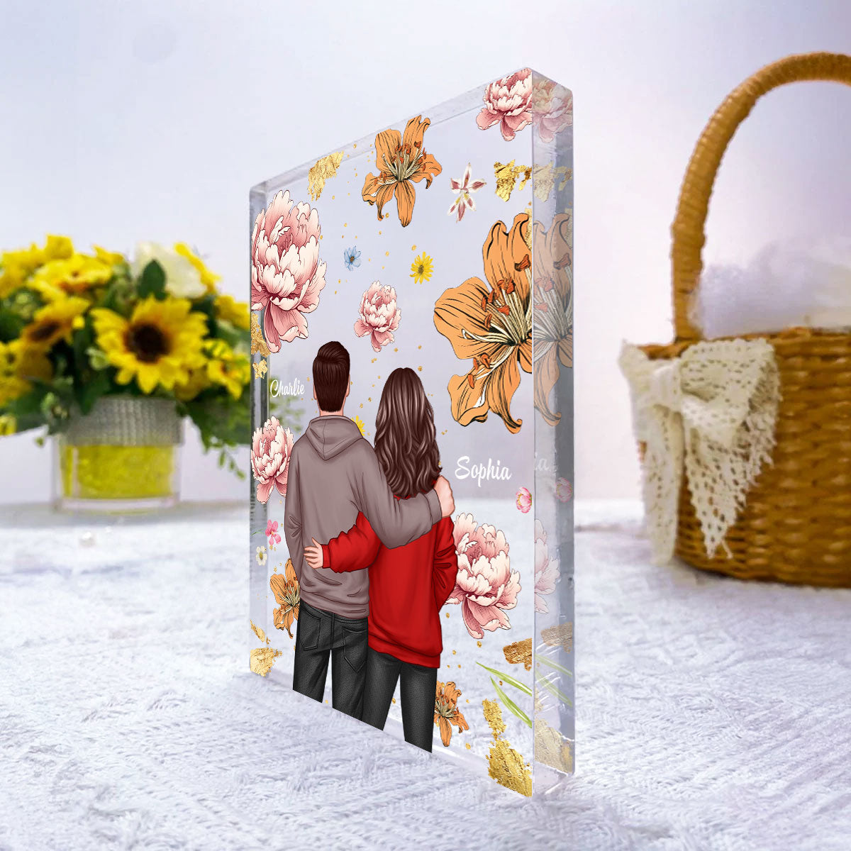 Couple Hugging Back View Birth Month Flower Personalized Acrylic Block Plaque, Heartfelt 2025 Gift, Anniversary Gift For Girlfriend, For Wife