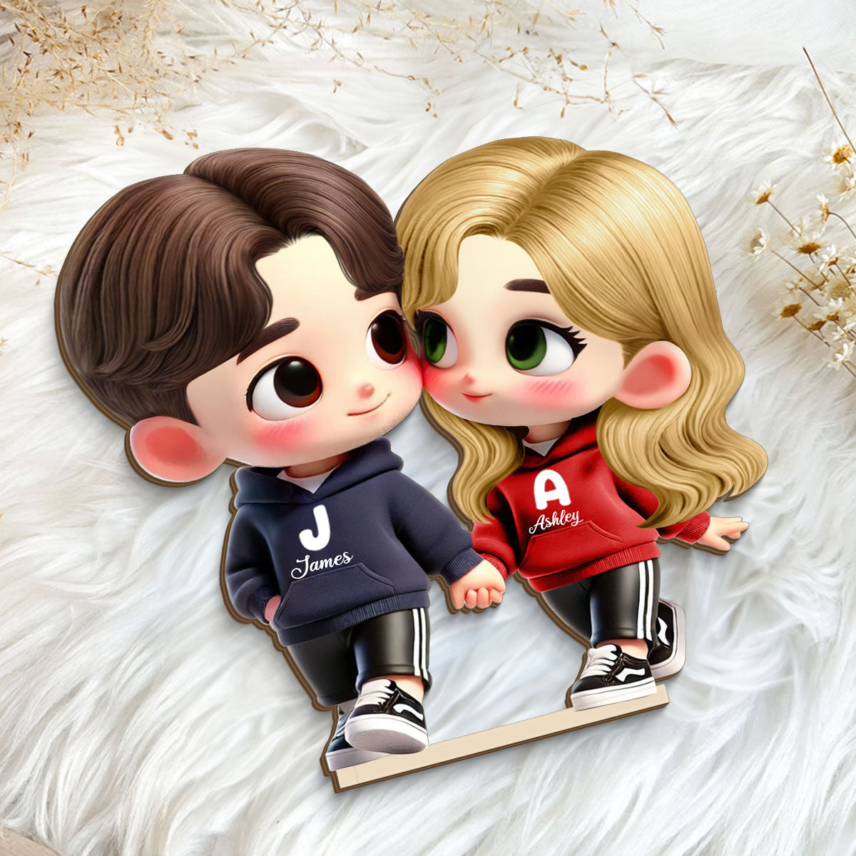 3D Effect Cute Cartoon Couple Holding Hands Personalized Standing Wooden Plaque, Anniversary & Gift for him, Gift for her