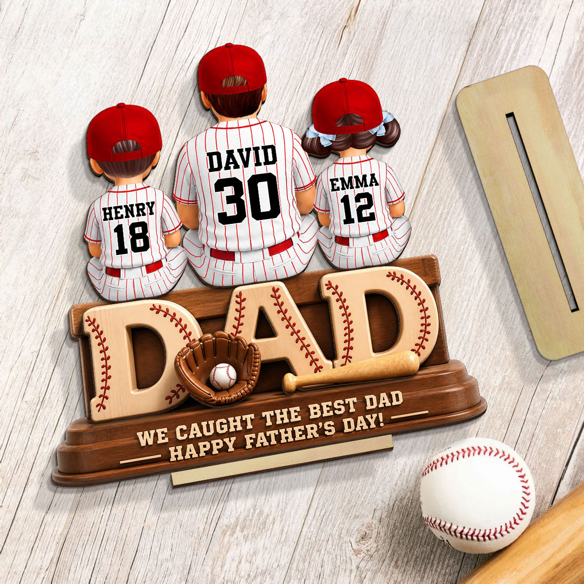 We Caught the Best Baseball Dad, Dad & Kids Back View - Personalized 2-Layered Wooden Plaque - Gift for Dad, Husband