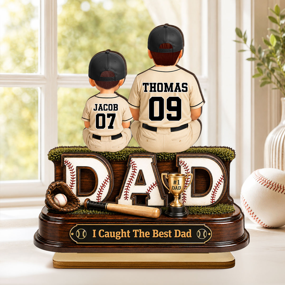 Baseball Dad and Children We Caught the Best Dad - Personalized 2-Layered Wooden Plaque - Gift for Dad, Husband