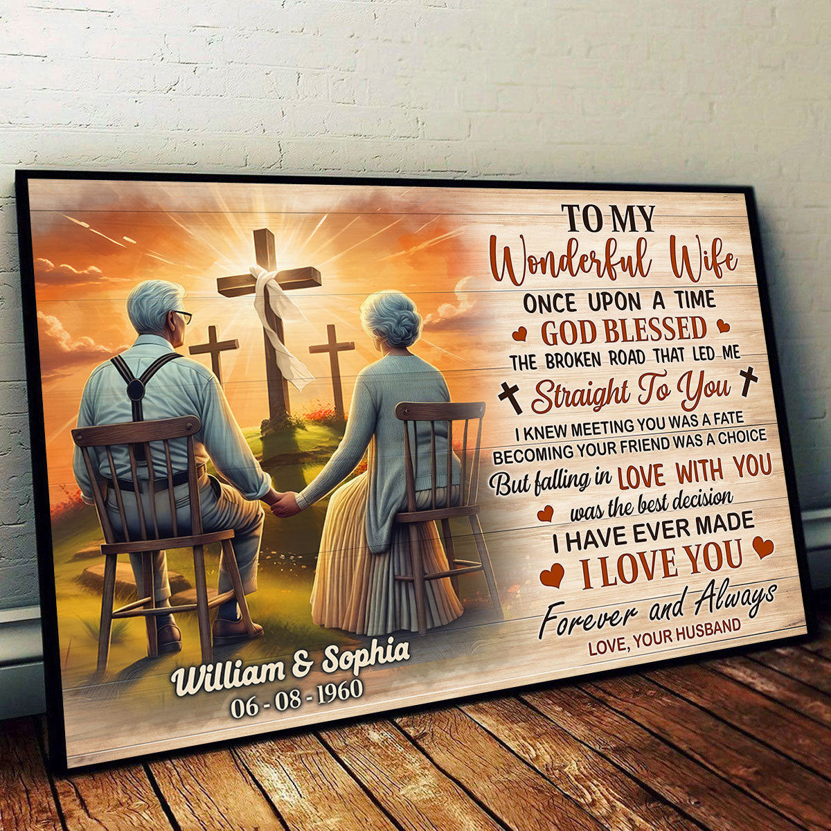 Cross God Gave Me You Old Couple Sitting Personalized Poster, Anniversary Gift For Him, Her, Husband, Wife