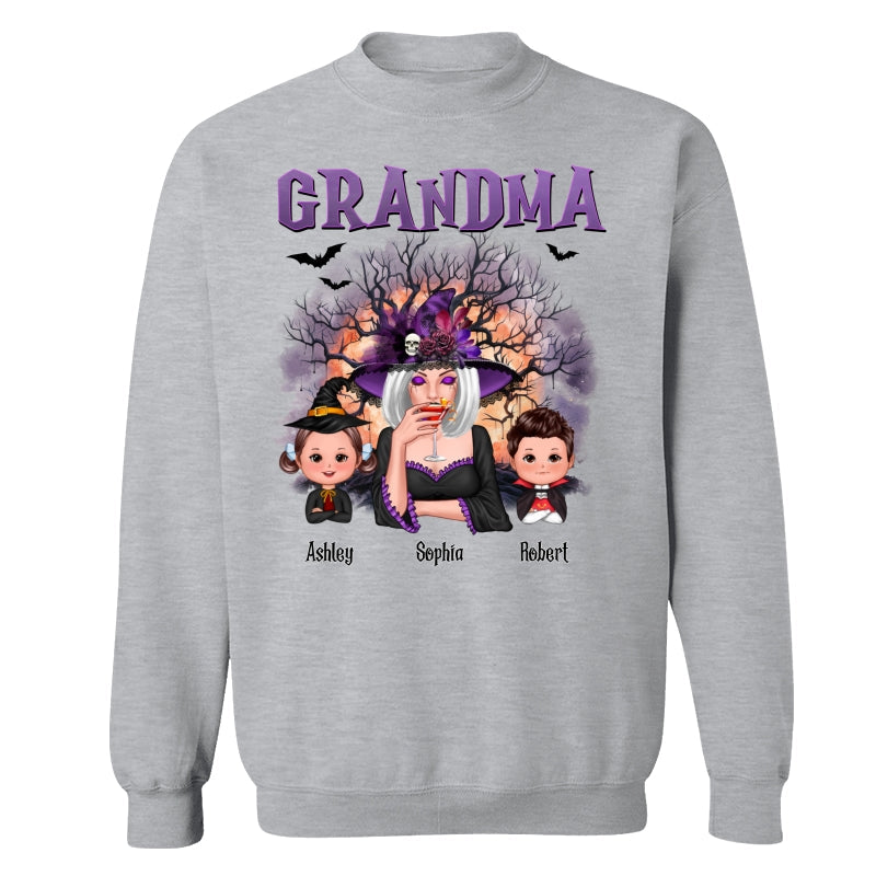 Purple And Orange Halloween Tree Grandma Mom Kids Personalized Shirt