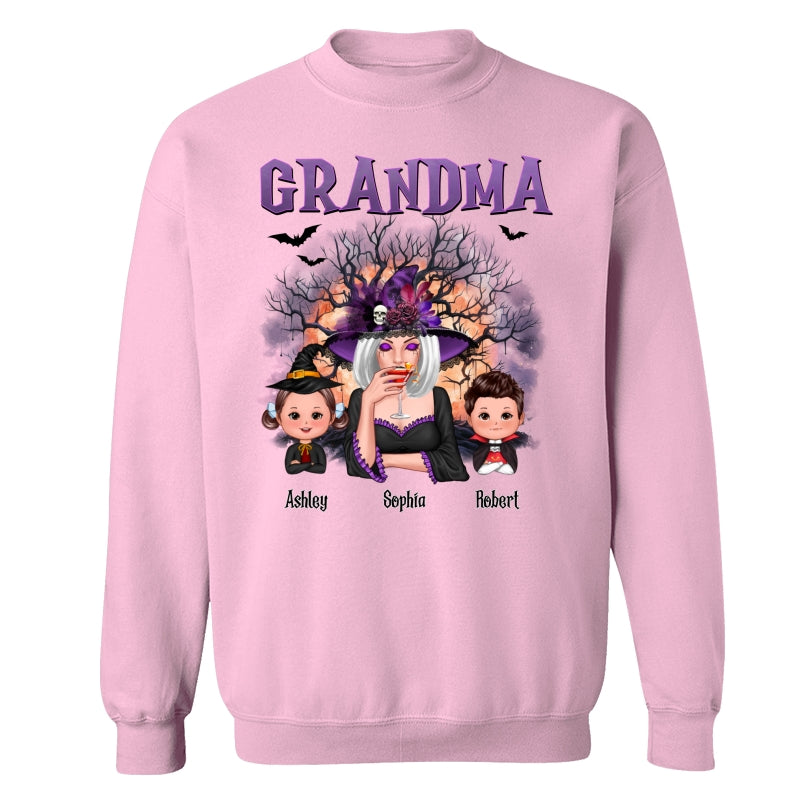 Purple And Orange Halloween Tree Grandma Mom Kids Personalized Shirt