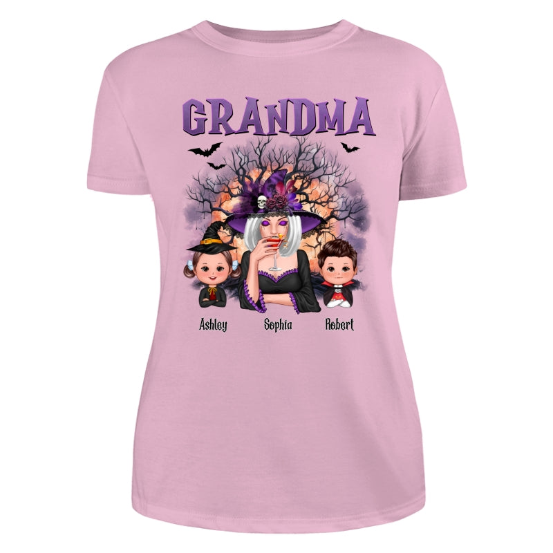 Purple And Orange Halloween Tree Grandma Mom Kids Personalized Shirt