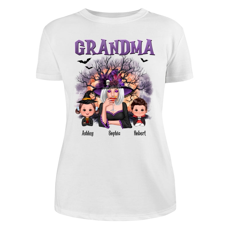 Purple And Orange Halloween Tree Grandma Mom Kids Personalized Shirt