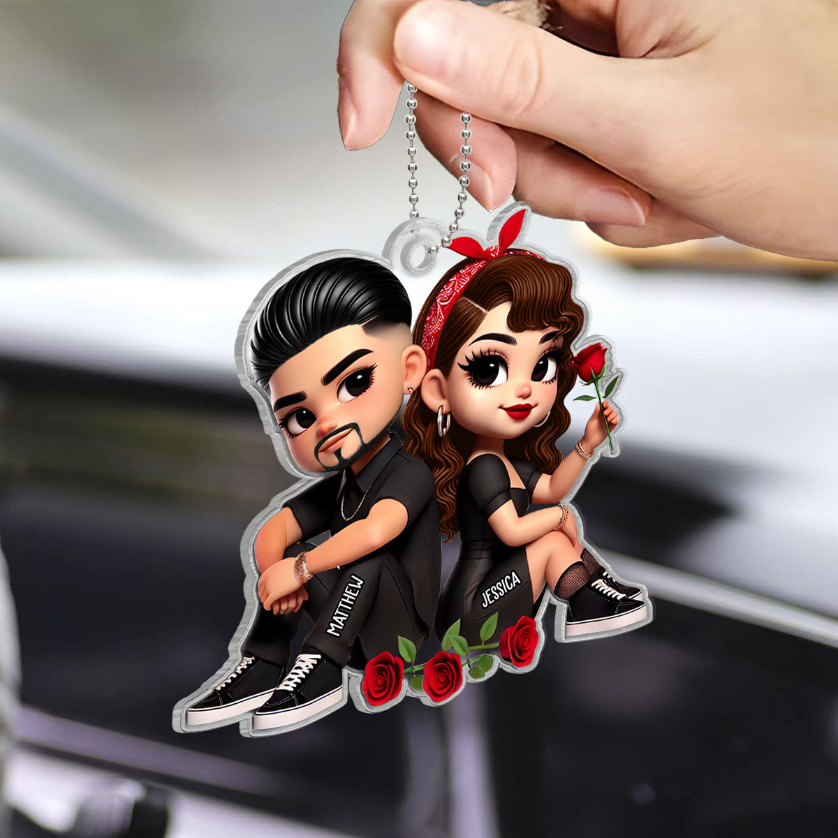 Pretty Couple Roses Heart Personalized Acrylic Car Hanger, Anniversary Gift, Gift for Couples
