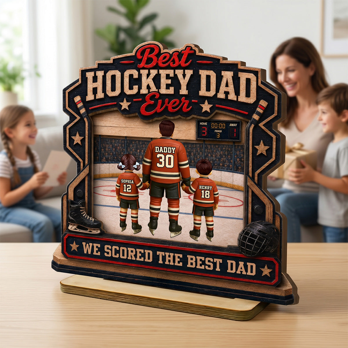 We Scored The Best Dad Hockey Dad & Kids - Personalized 2-Layered Wooden Plaque - Gift For Hockey Dad