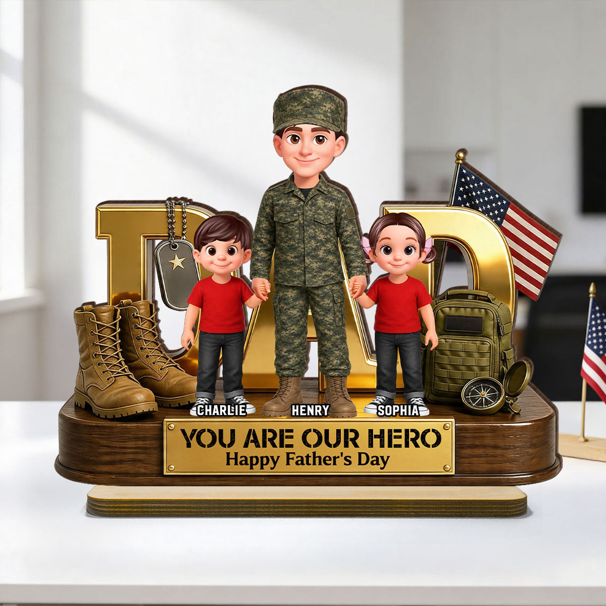 Proud American Millitary Dad - Personalized 2-Layered Wooden Plaque - Gift For Dad, Husband